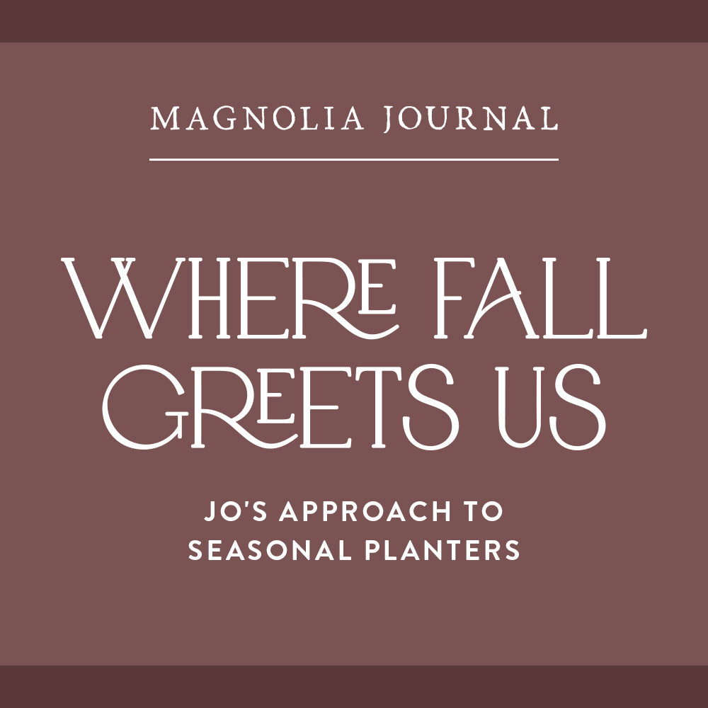Cover of 'Magnolia Journal' with text about fall planters on a brown background