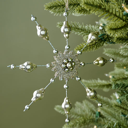 Mercury Glass Beaded Snowflake Ornament shown on tree