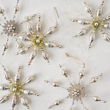 Mercury Glass Beaded Snowflake Ornament shown with other ornaments