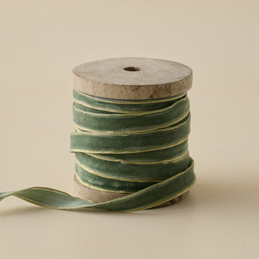 10 Yard Velvet Olive Ribbon on Wood Spool with Metallic Edges