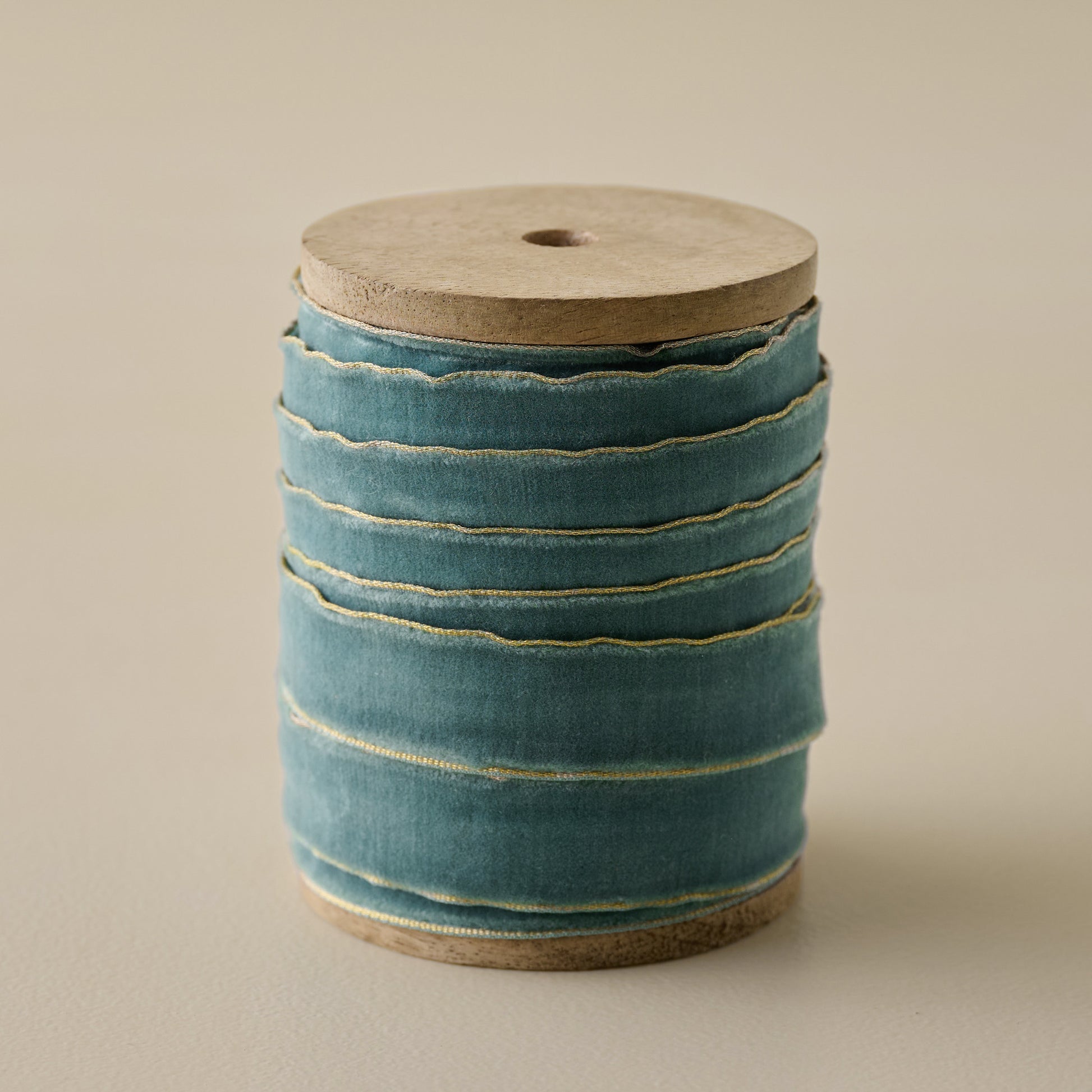 5 Yard Velvet Arctic Green Ribbon on Wood Spool with Metallic Edges