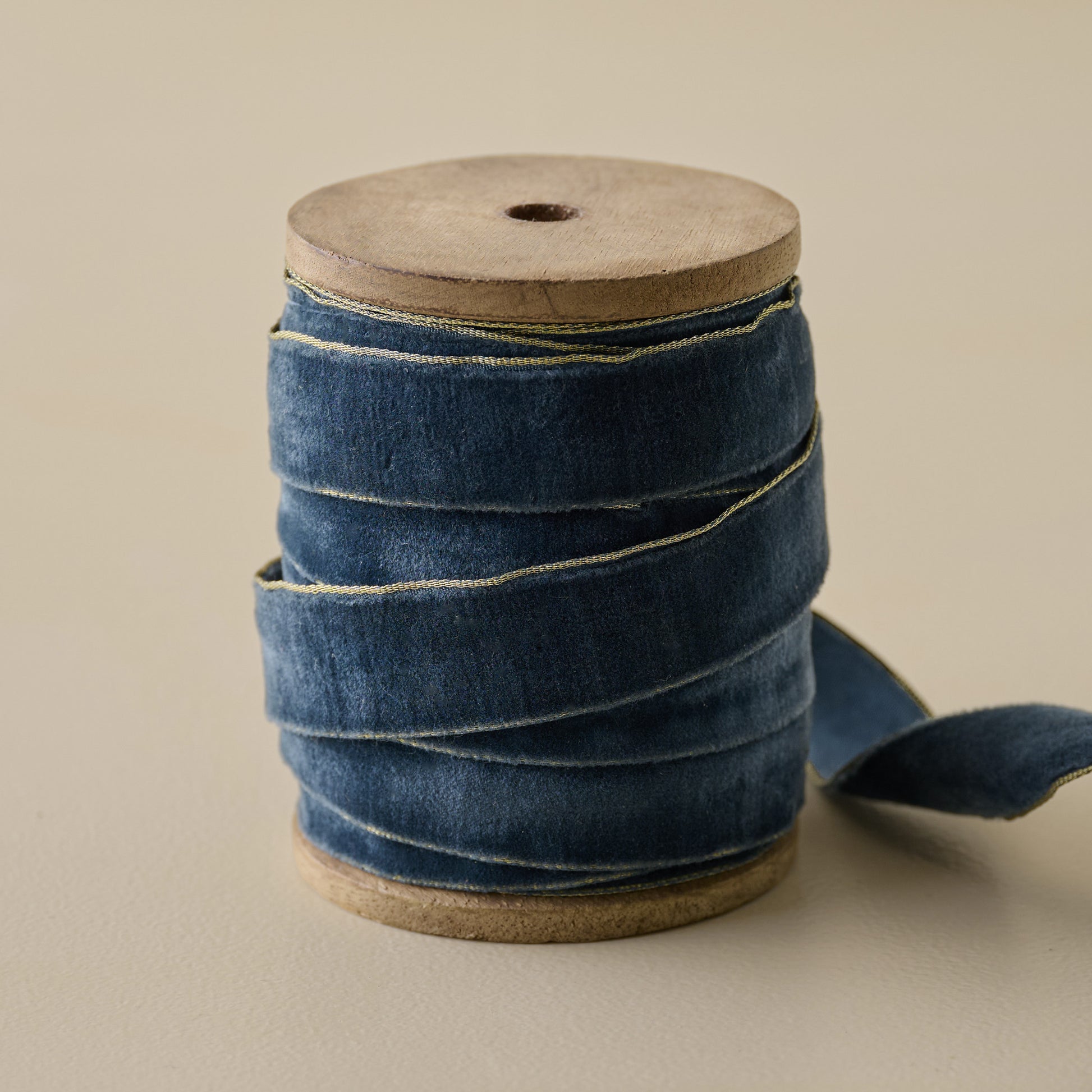 5 Yard Velvet Deep Sea Ribbon on Wood Spool with Metallic Edges