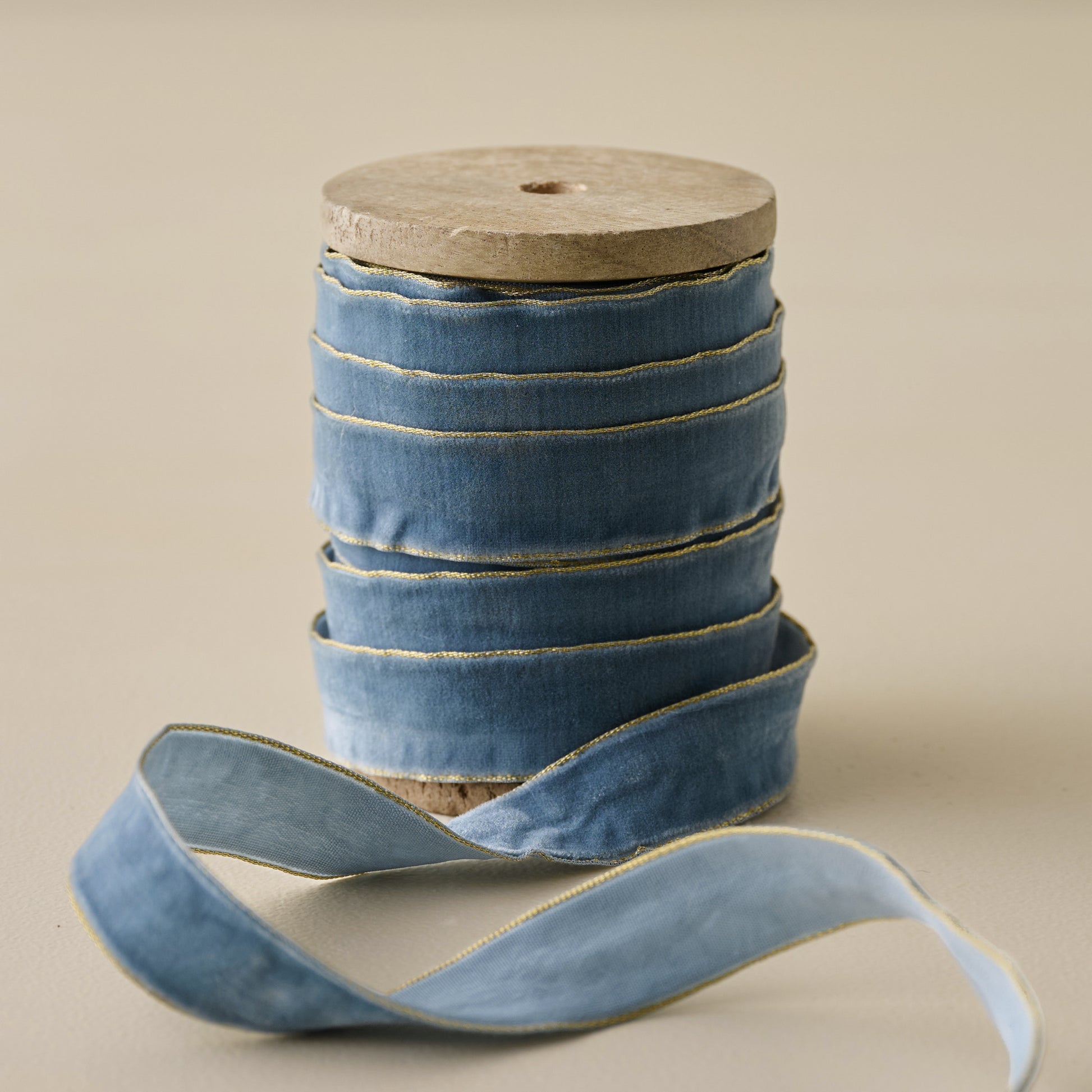 5 Yard Velvet Frost Blue Ribbon on Wood Spool with Metallic Edges