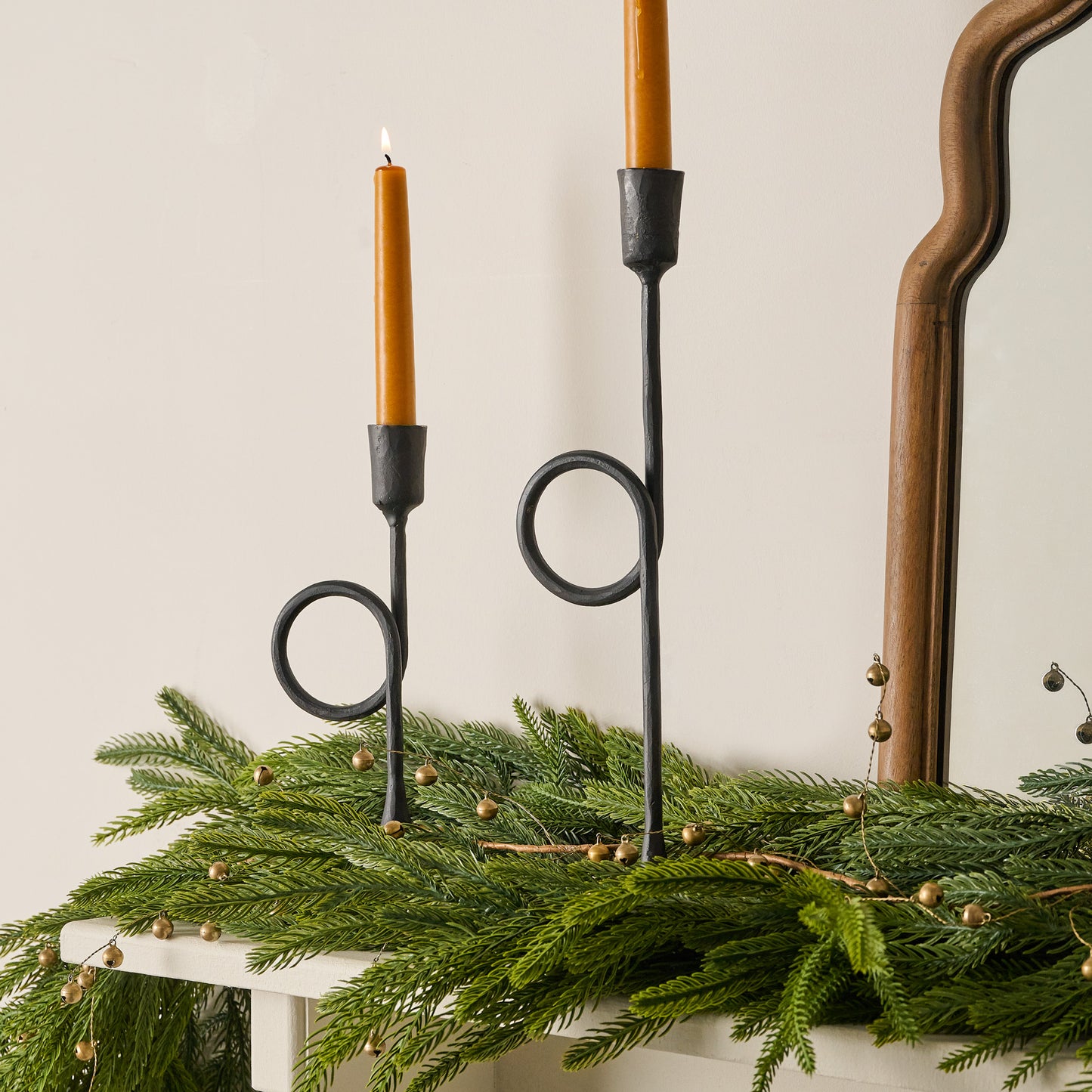 Black Antique Inspired Trumpet Taperholders on shown on mantel