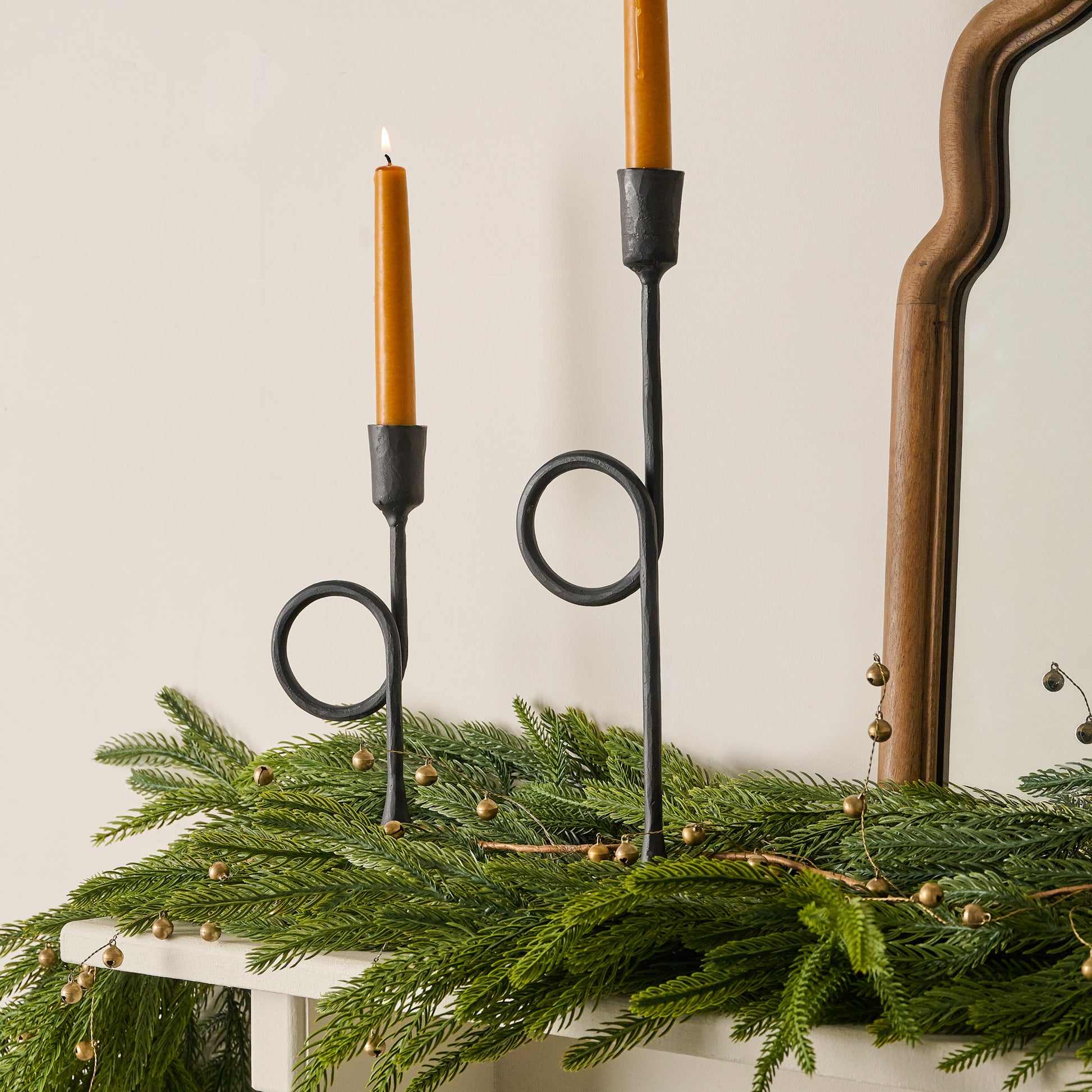 Black Antique Inspired Trumpet Taperholders on shown on mantel