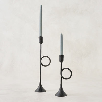 Black Antique Inspired Trumpet Taperholders shown with taper candles