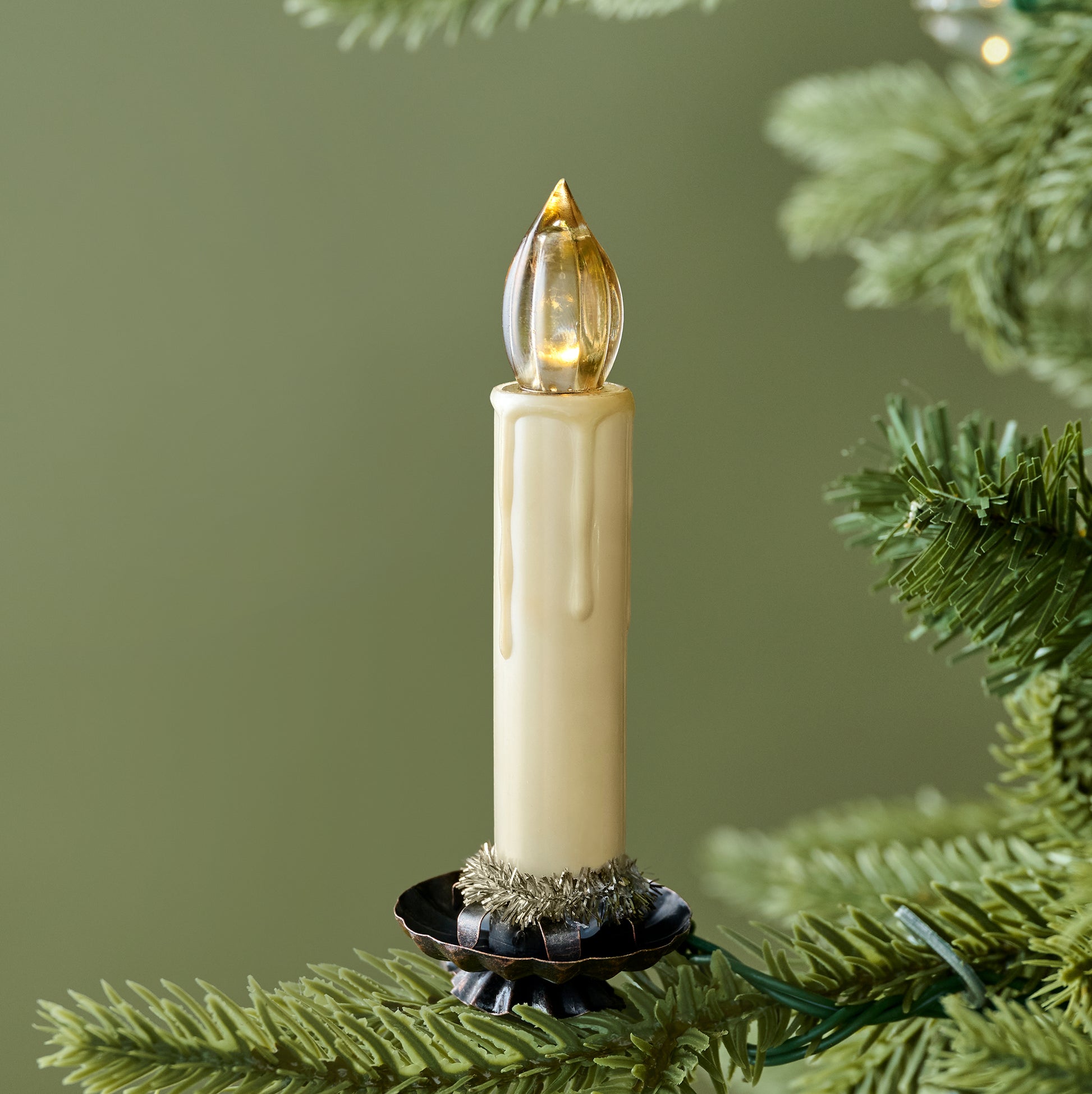 Vintage-Inspired LED Light Candle Clip Ornament shown up close on tree