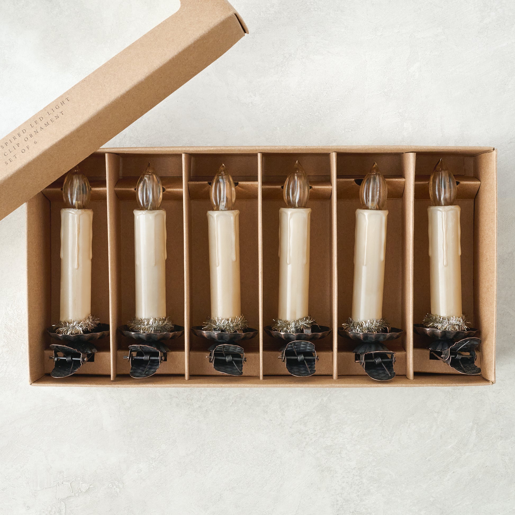 Vintage-Inspired LED Light Candle Clip Ornament, Set of 6 shown in box
