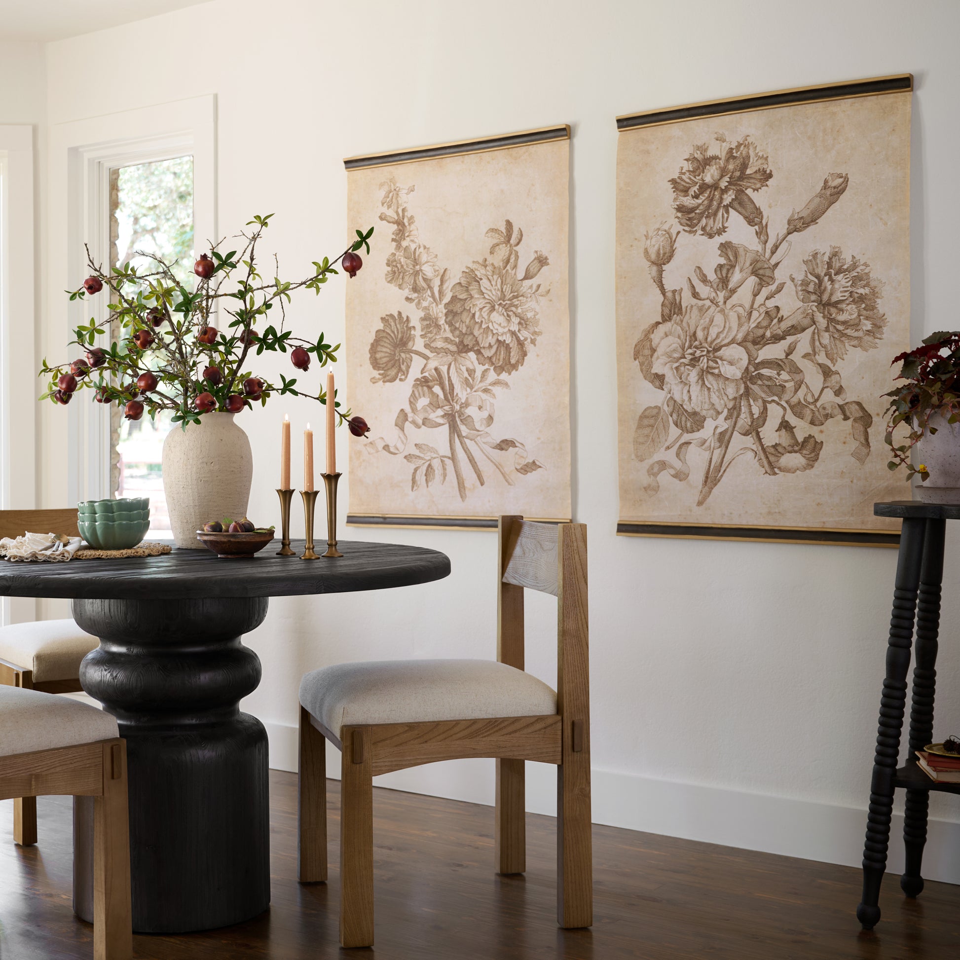 Set of II Vintage Floral Sketch Tapestry in a dining room