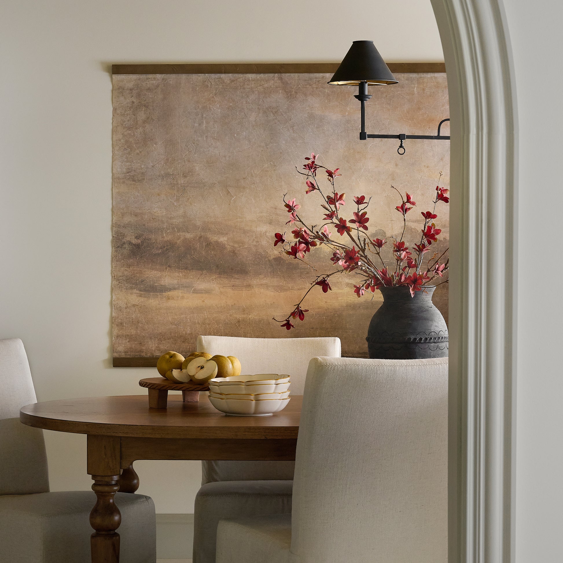 Oversized Celestial Drifts Vintage Tapestry shown hung in dining room