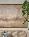 Oversized Celestial Drifts Vintage Tapestry shown hung above bench