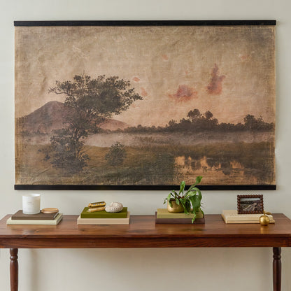 Oversized Vintage Vista Tapestry shown hung above shelf