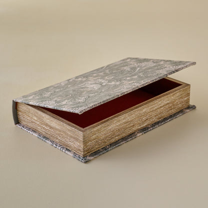 Vintage-Inspired Handcrafted Book Box with floral-patterned lid and base on a beige background