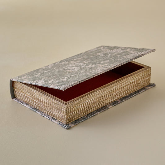 Vintage-Inspired Handcrafted Book Box with floral-patterned lid and base on a beige background