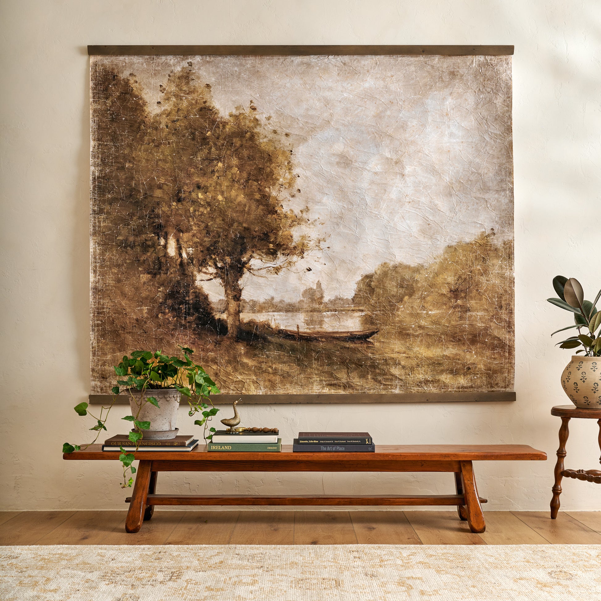 Oversized Spring Stillness Landscape Tapestry styled in a room