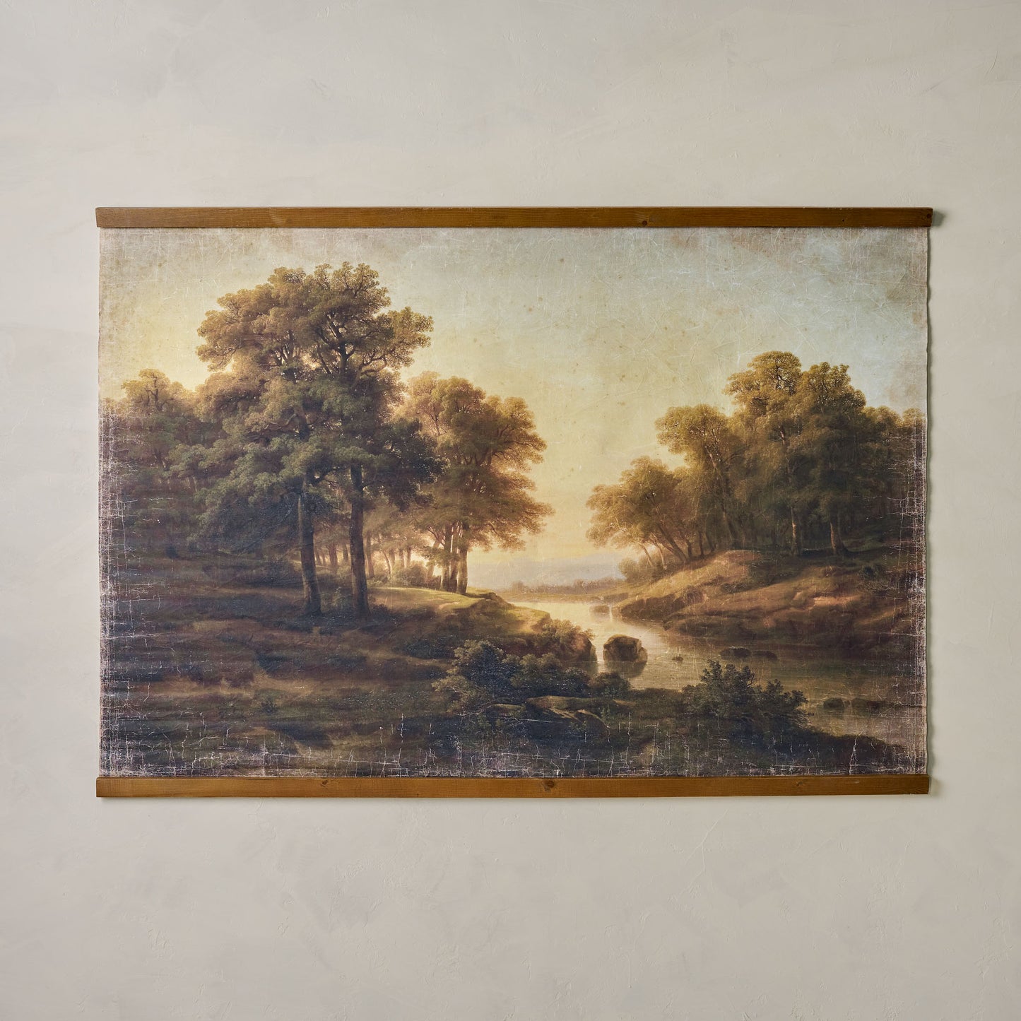 Oversized wall art tapestry called Daybreak Vintage hanging on wall