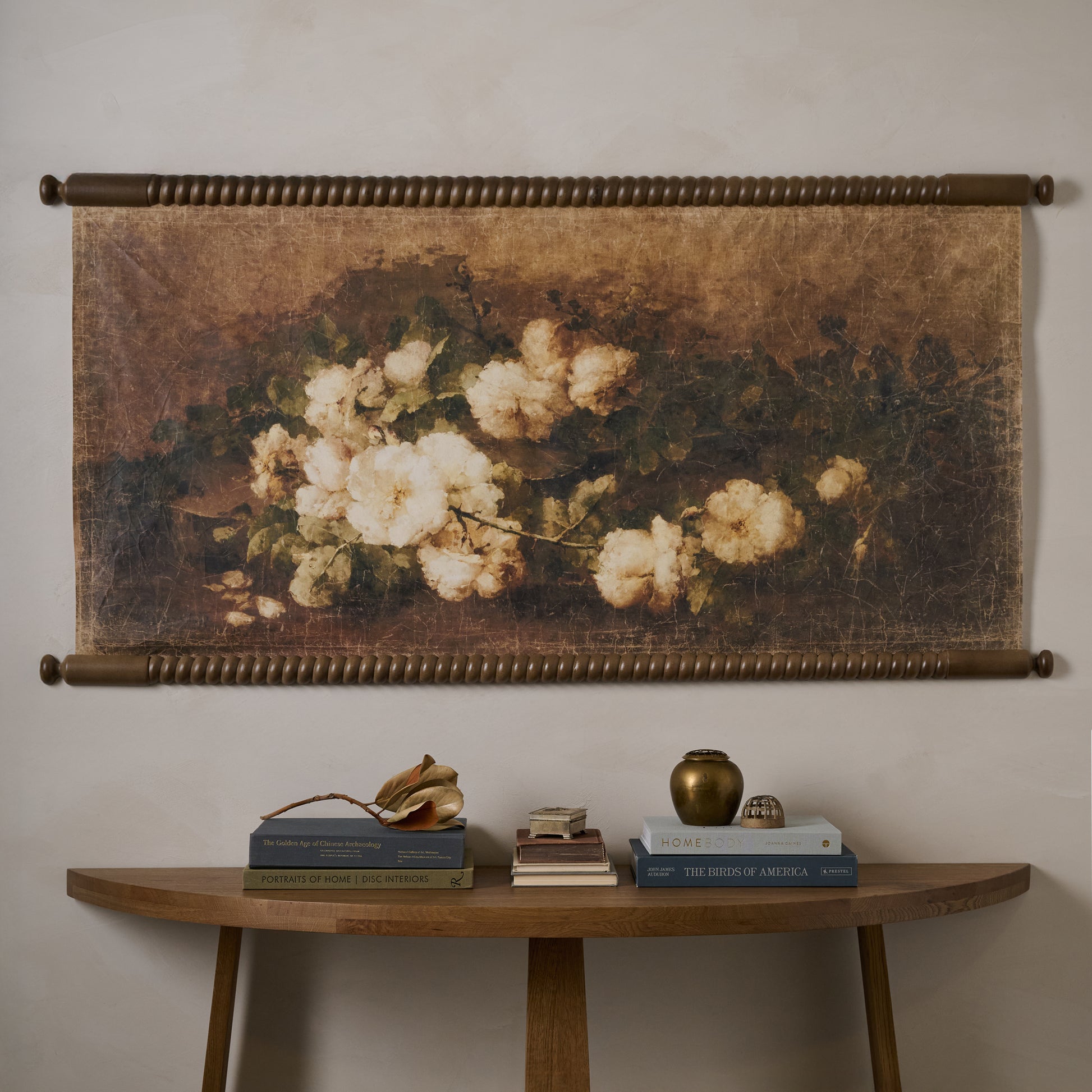 Vintage Botanical Bouquet Tapestry shown hung on wall