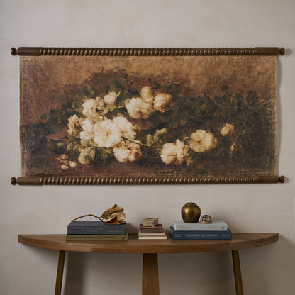 Vintage Botanical Bouquet Tapestry shown hung on wall