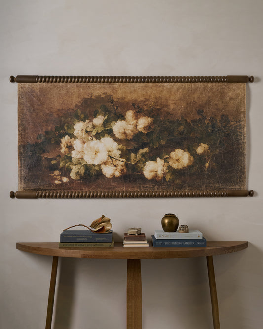 Vintage Botanical Bouquet Tapestry above an entry table