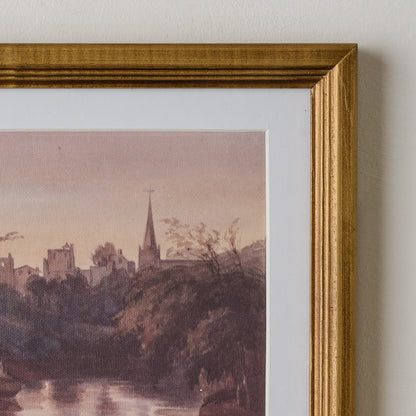 Steeple On the Water Framed Print close up of aged brass frame