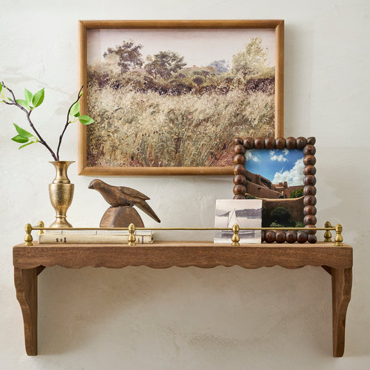Small Quinn Wood and Brass Railing Shelf shown styled