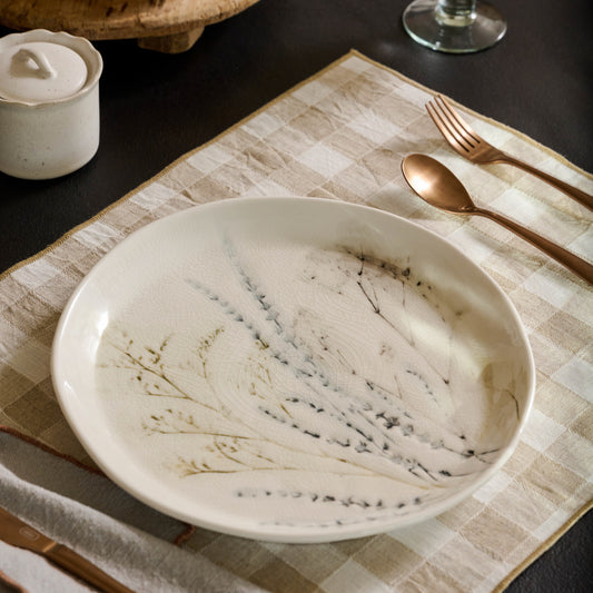 Pressed Floral Plate on a wheat gingham placemat