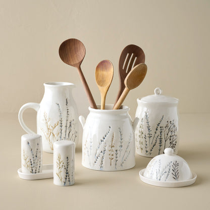 Pressed Floral Ceramic Butter Dish shown with other pressed floral pieces