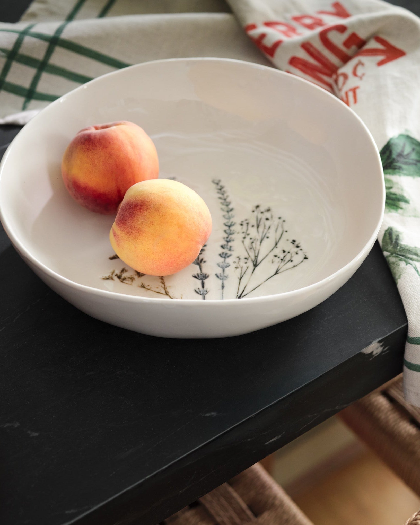 pressed floral pasta bowl with peaches