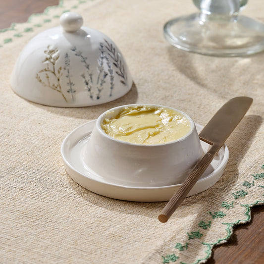 Pressed Floral Ceramic Butter Dish shown with butter