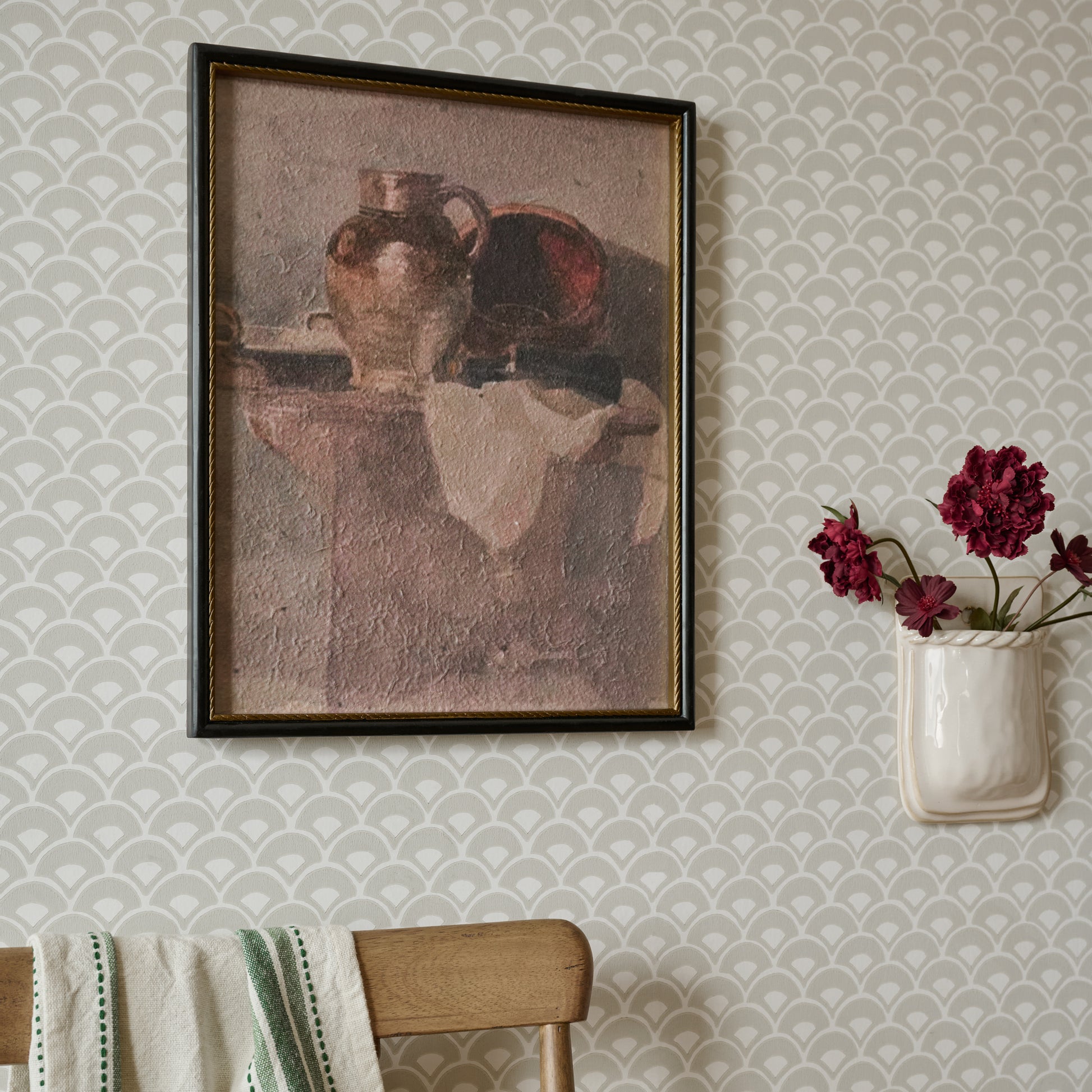 Vintage Still Life Vessels shown styled on wall