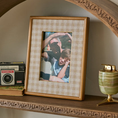 Maren Gingham Photo Frame shown styled on shelf with image