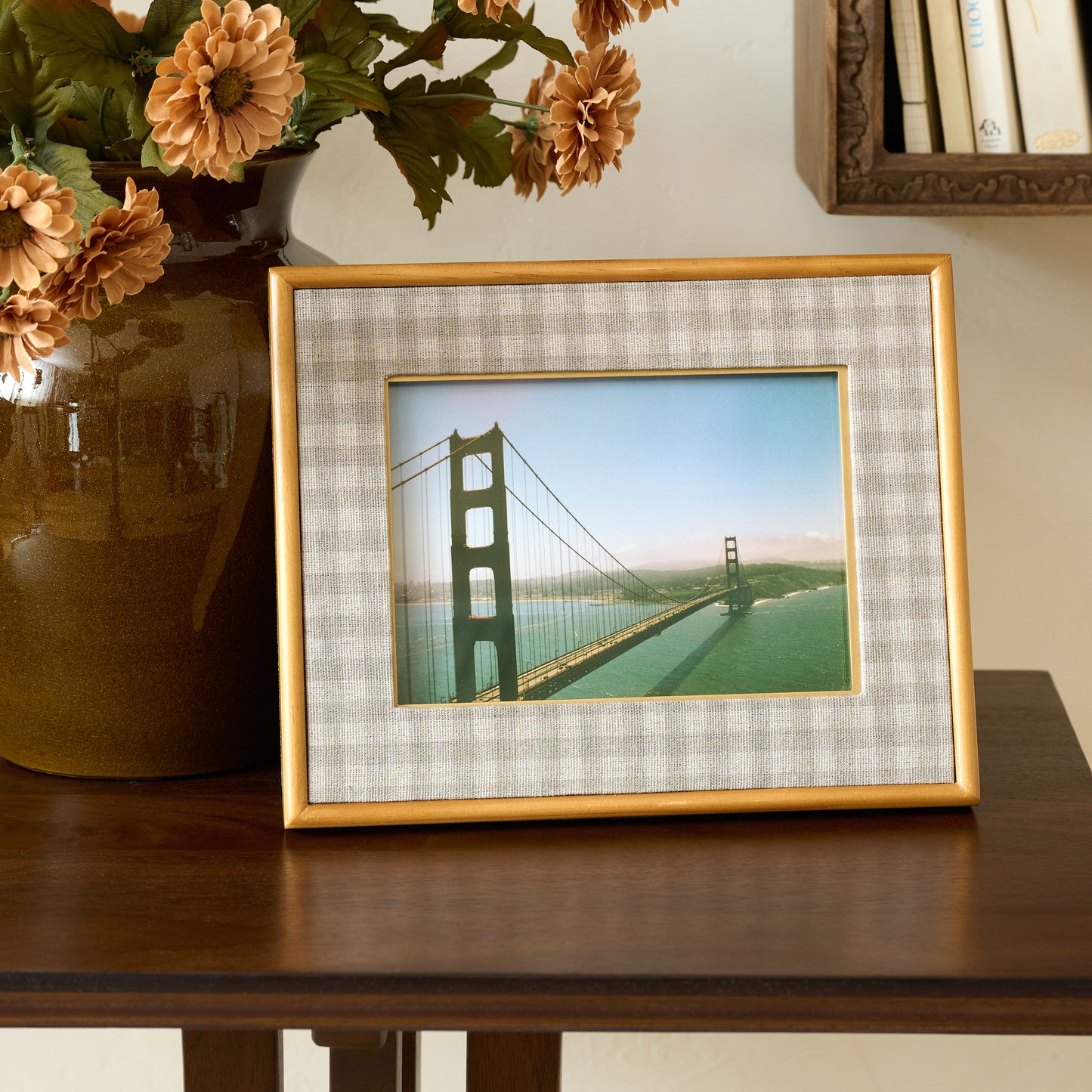Maeve Gingham Photo Frame shown on table with image of bridge