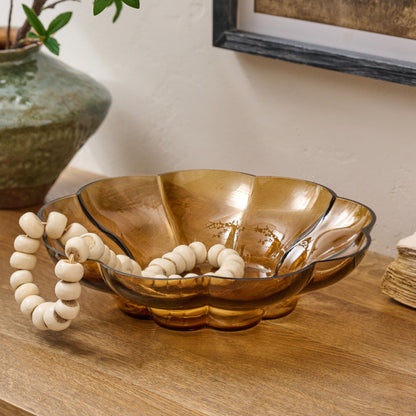 Scalloped Amber Glass Bowl shown styled
