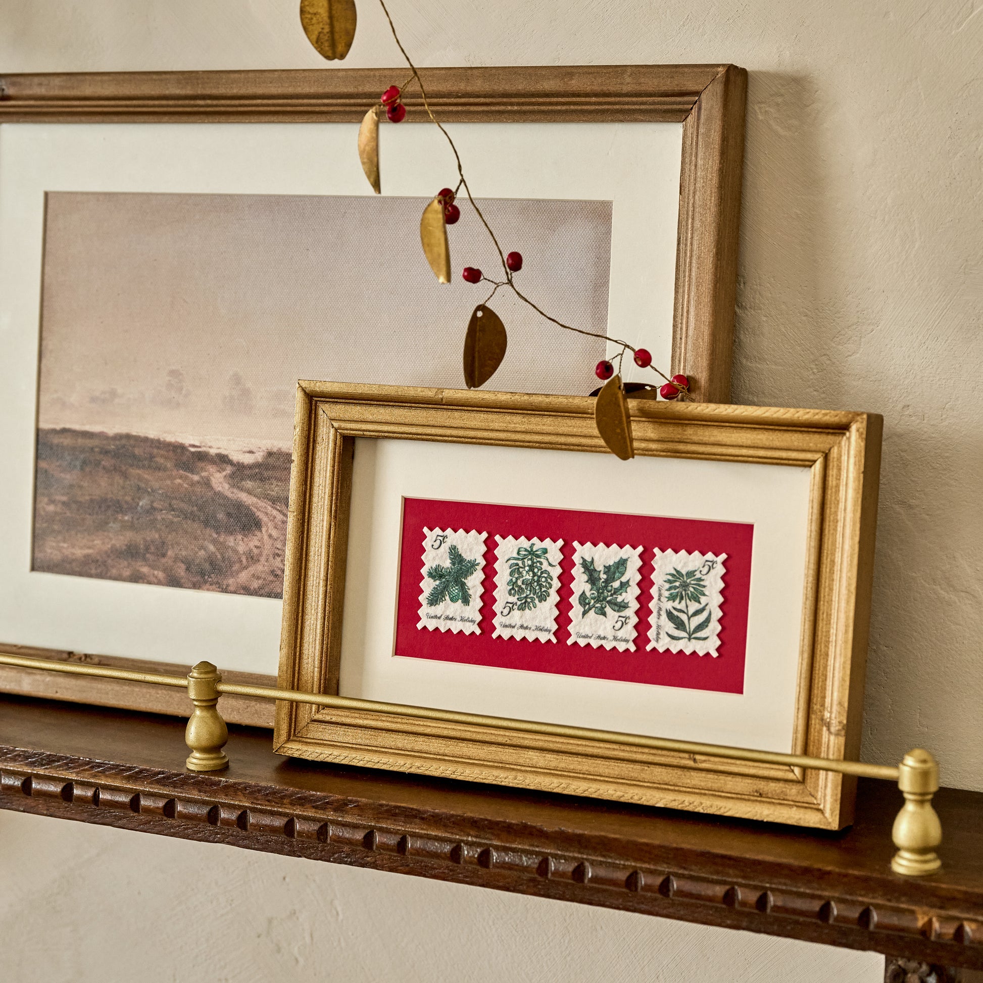 Yuletide Greetings Vintage Stamp Art shown on shelf