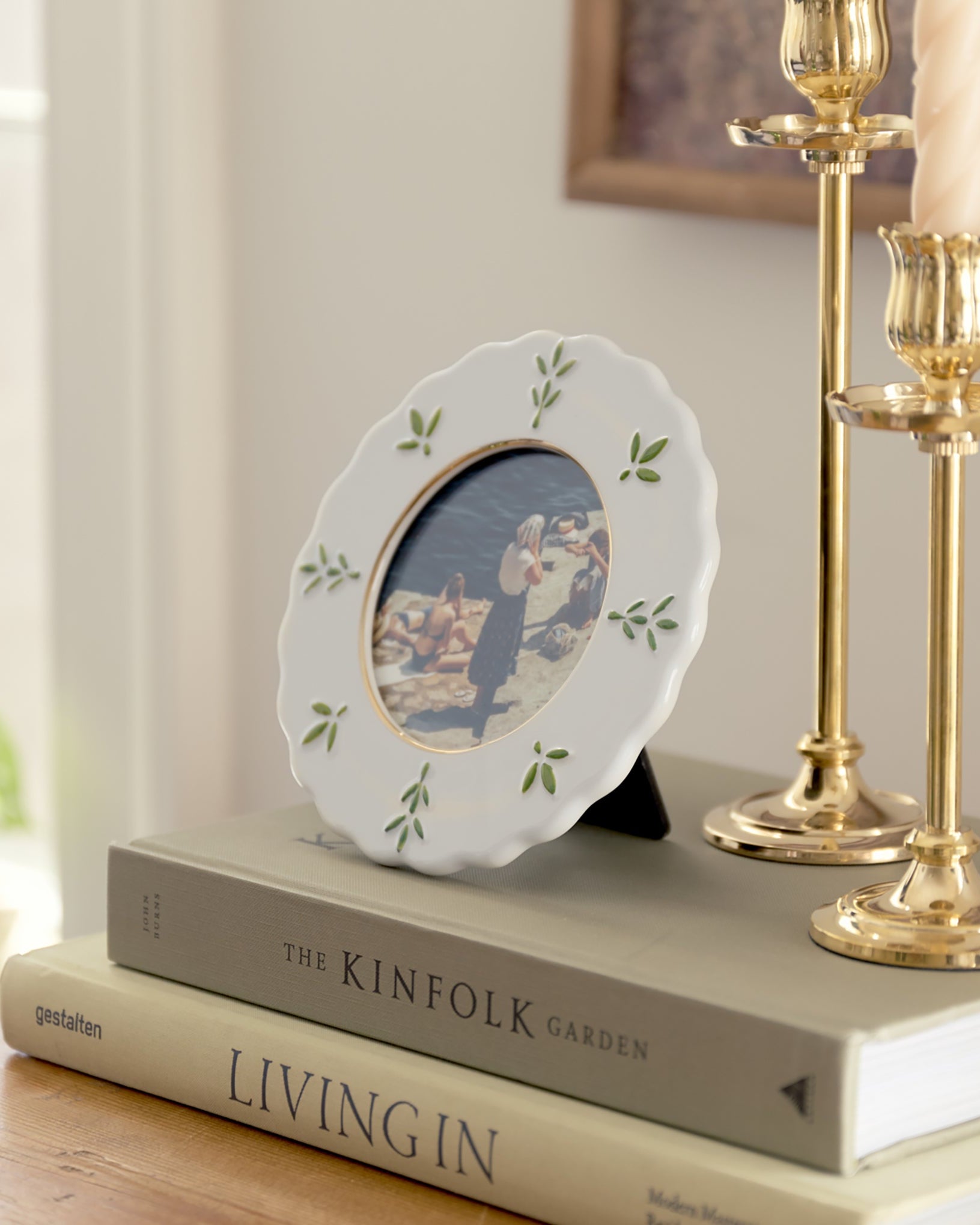 Fern Round Ceramic Juliet Photo Frame shown with other decor
