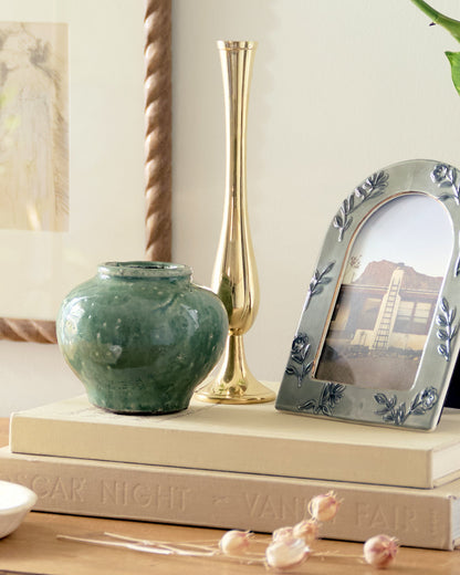 Round Serena Crackle Glaze Bud Vase shown with other decor