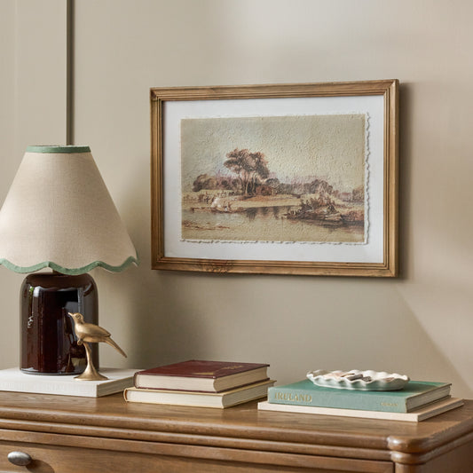 Distant Days Watercolor Landscape shown hung above dresser