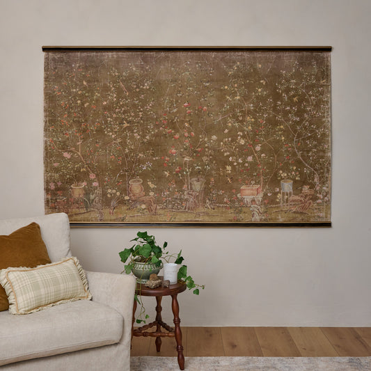 Oversized Scroll of Blooms Tapestry in sitting room with chair and plant stand 