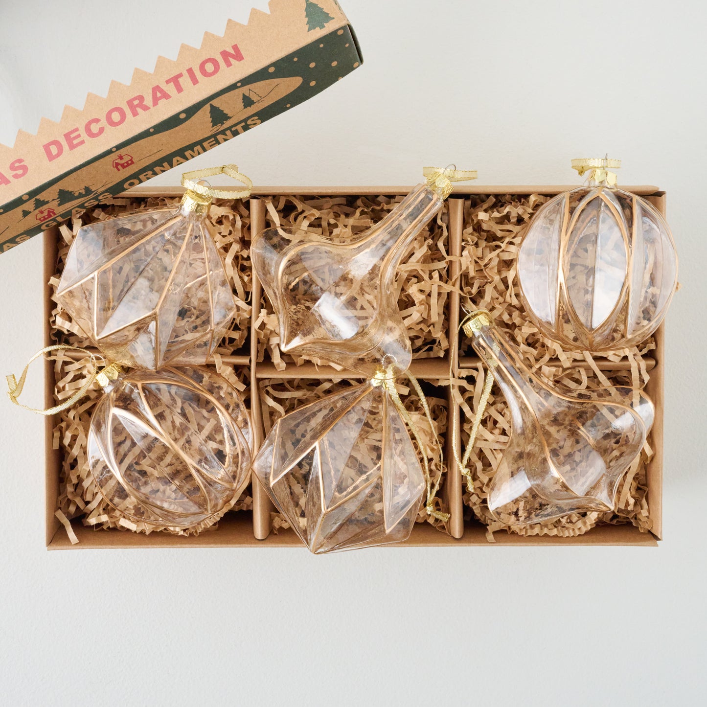 Vintage Glass and Gold Ornaments Set of 6 shown in box