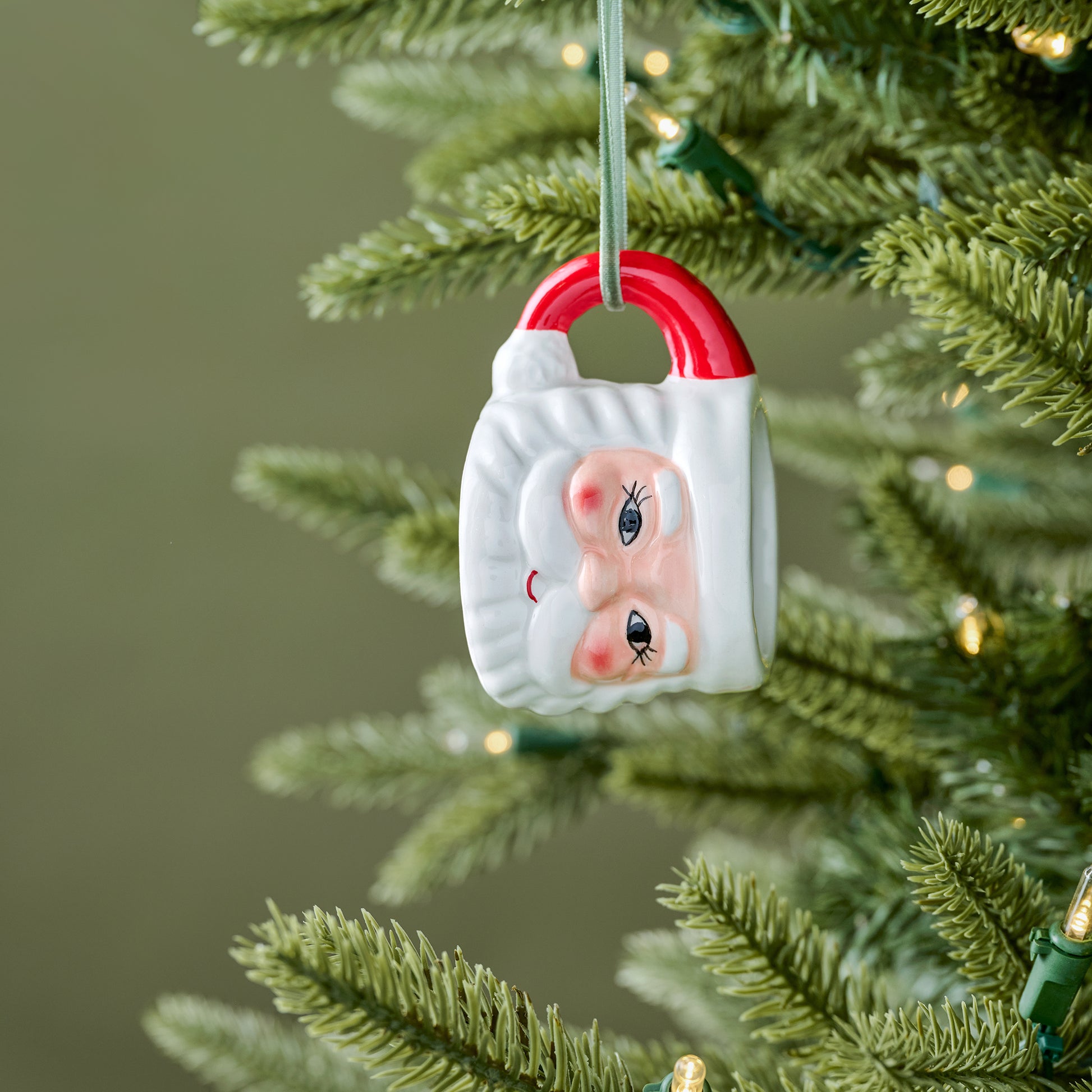 Vintage-Inspired Santa Mug Ornament shown on tree
