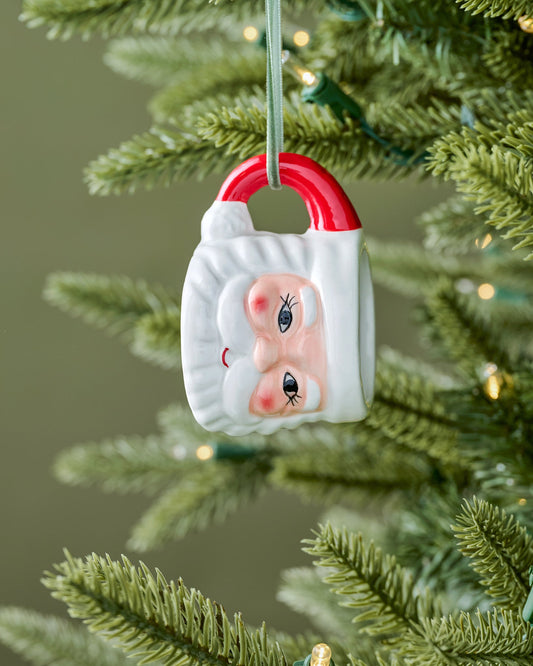 Vintage-Inspired Santa Mug Ornament shown on tree