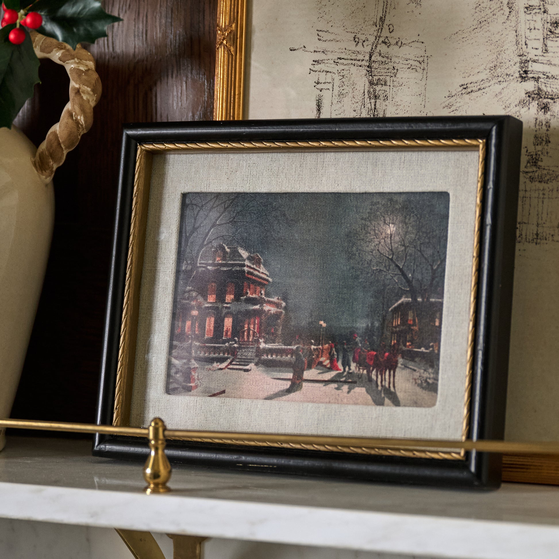 Silent Night's Glow Framed Print shown on shelf