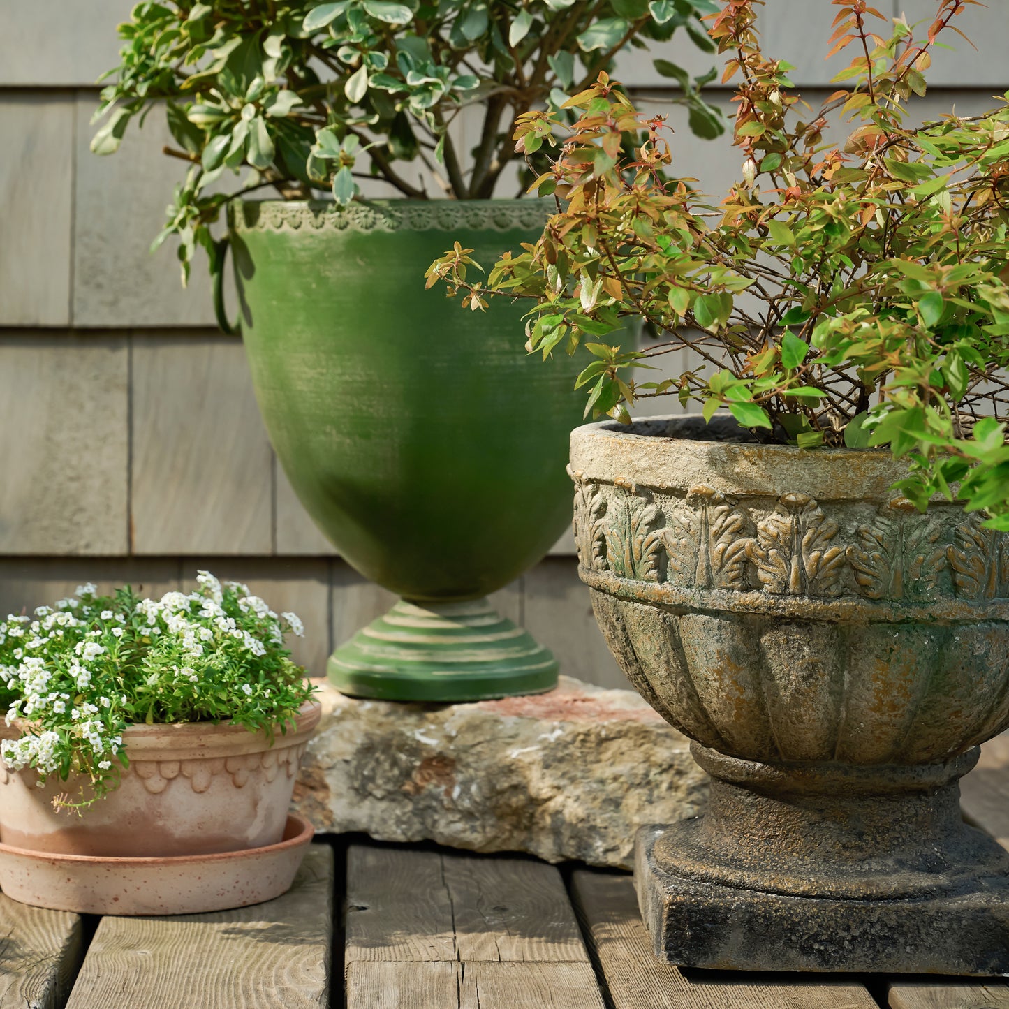 Green Aged Urn Vase shown outside