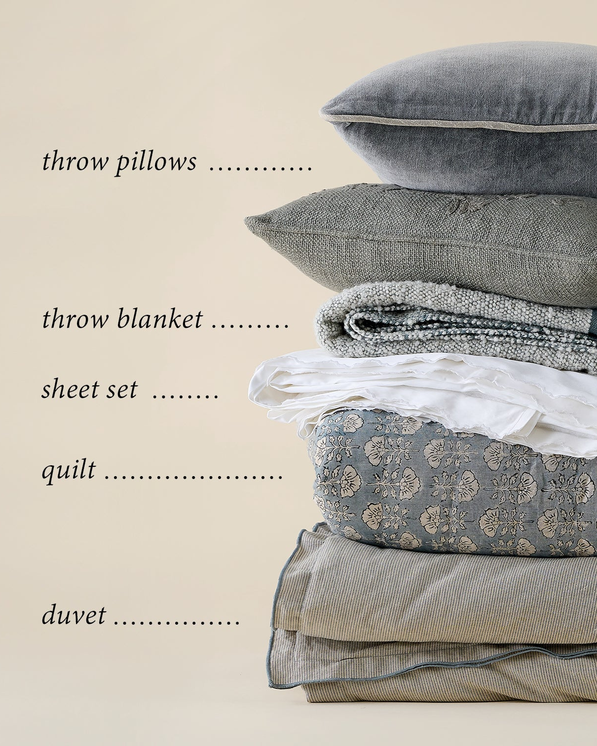 how to layer your bed image with all layers mapped out - throw pillows, throw blanket, sheet set, quilt, duvet