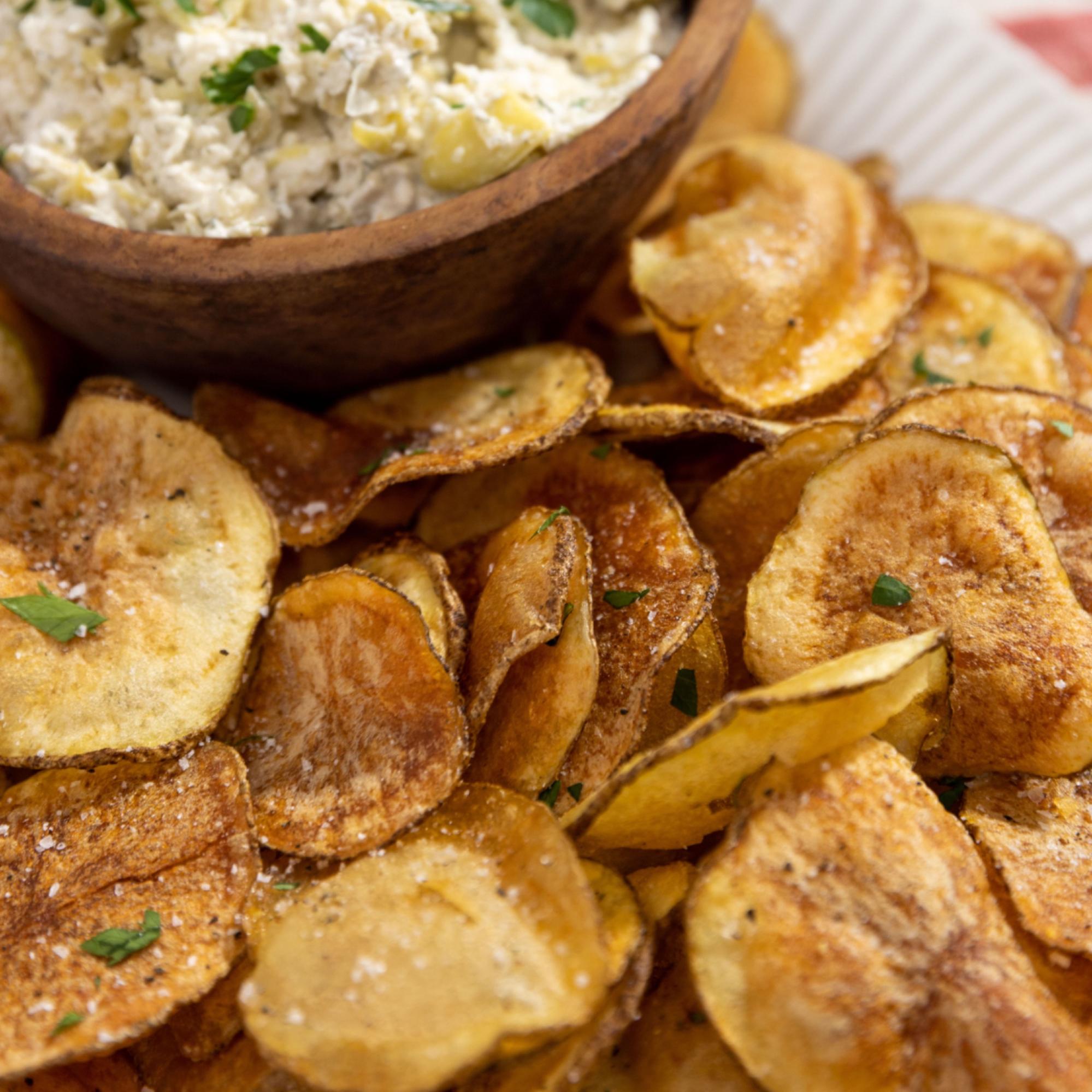 Homemade seasoned potato chips and dip
