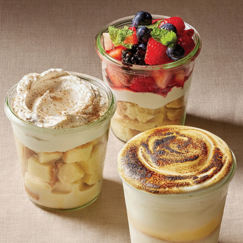 Three dessert weck jars with different toppings on a textured surface