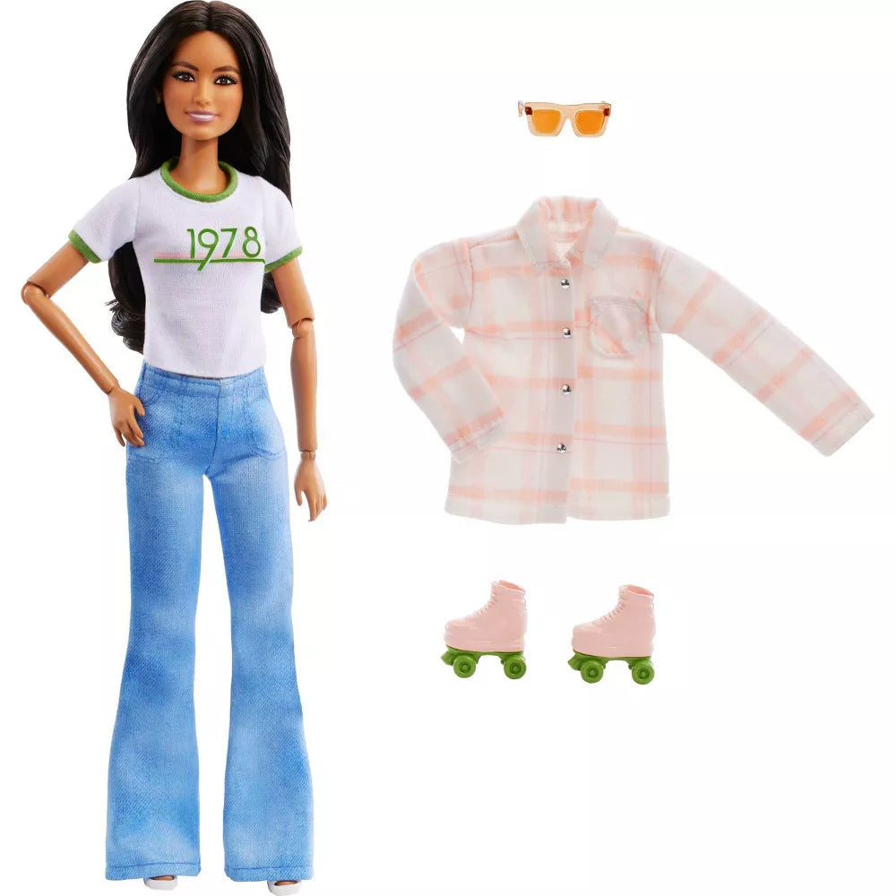Joanna Gaines Barbie® Doll with pink plaid shacket, sunnies and pink and green skates
