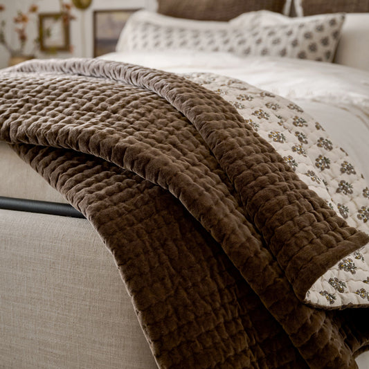 Audrey Velvet Block Print Quilt - Cedar shown on bed