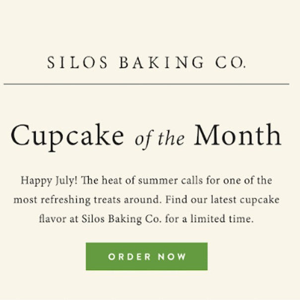 Silos Baking Co. Cupcake of the Month. Happy July! The heat of summer calls for one of the most refreshing treats around. Find our latest cupcake flavor at Silos Baking Co. for a limited time. Order now.
