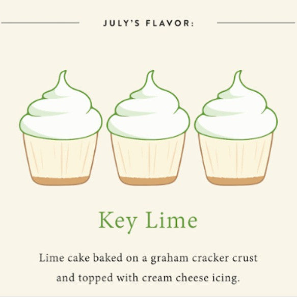 July's flavor: Key Lime. Lime cake baked on graham cracker crust and topped with cream cheese icing.